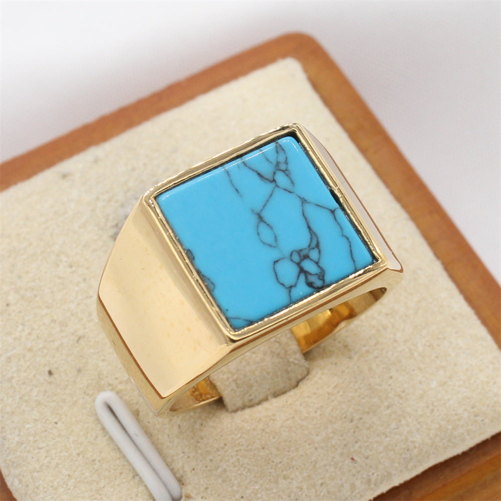 Fashionable And Minimalist Square Gemstone Titanium Steel Ring For Men
