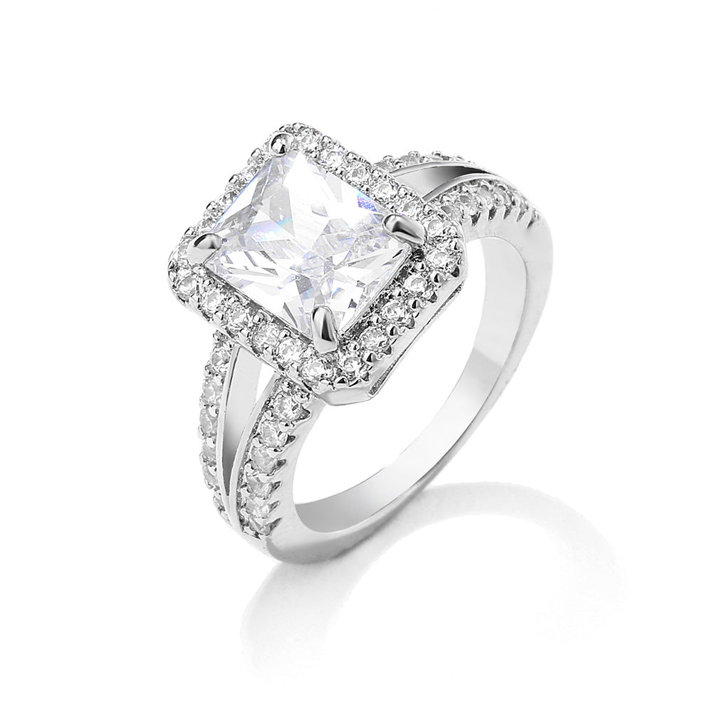 Classic European And American Four-Prong White Square Zircon Ring For Women