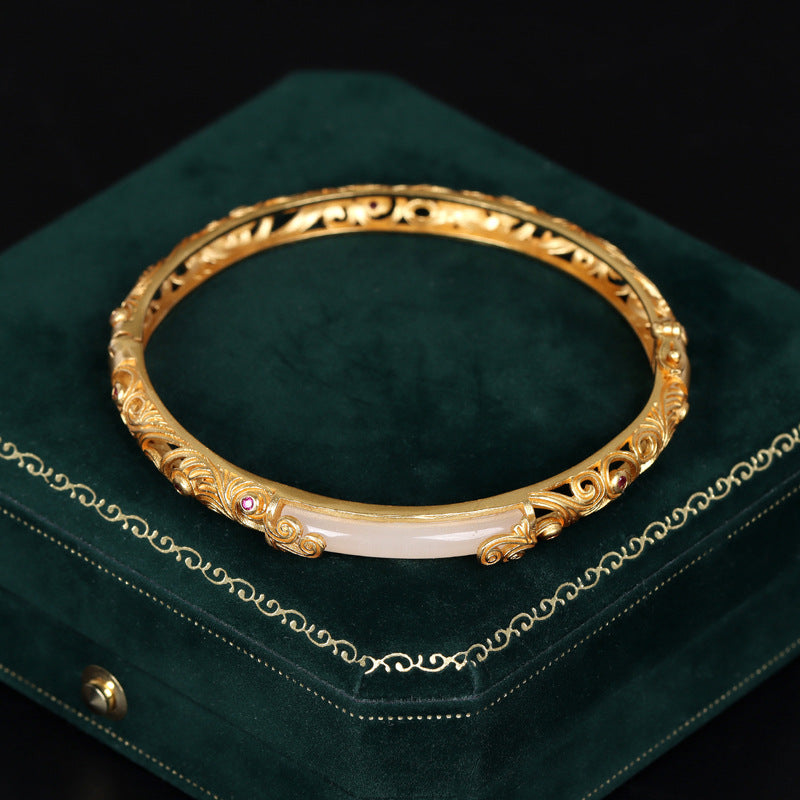 Traditional Handcrafted Gold- And Silver-Thread Filigree Hollowed Hetian Jade Bracelet For Women