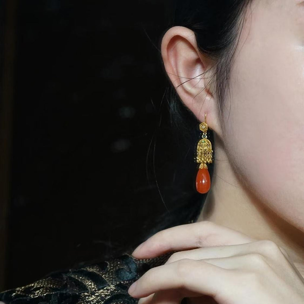 Ice Red Water Droplet Classic Temperament Long Earrings