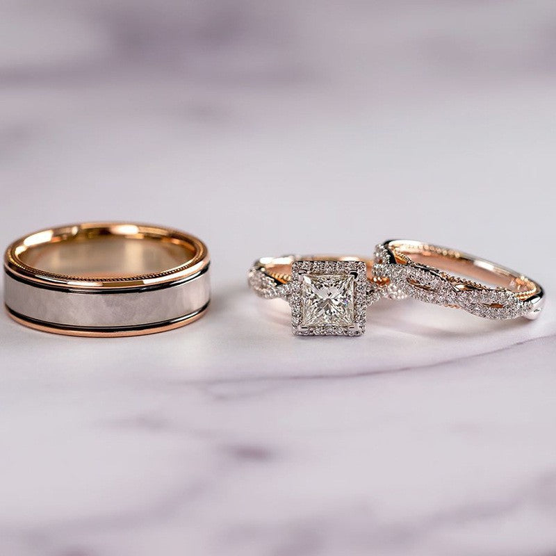 Green Hollow Rose Gold Three-Piece Diamond-Encrusted Zircon Ring Set