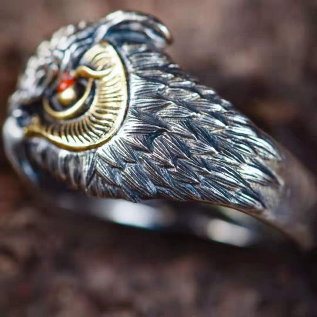 Trendy Retro Carved Hand Jewelry Cat And Owl Ring