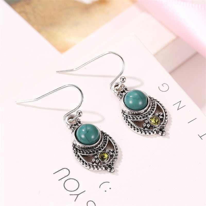 Bohemian Style Ear Jewelry Teal Turquoise Pendant Royal Vintage Openwork Carved Ear Hooks