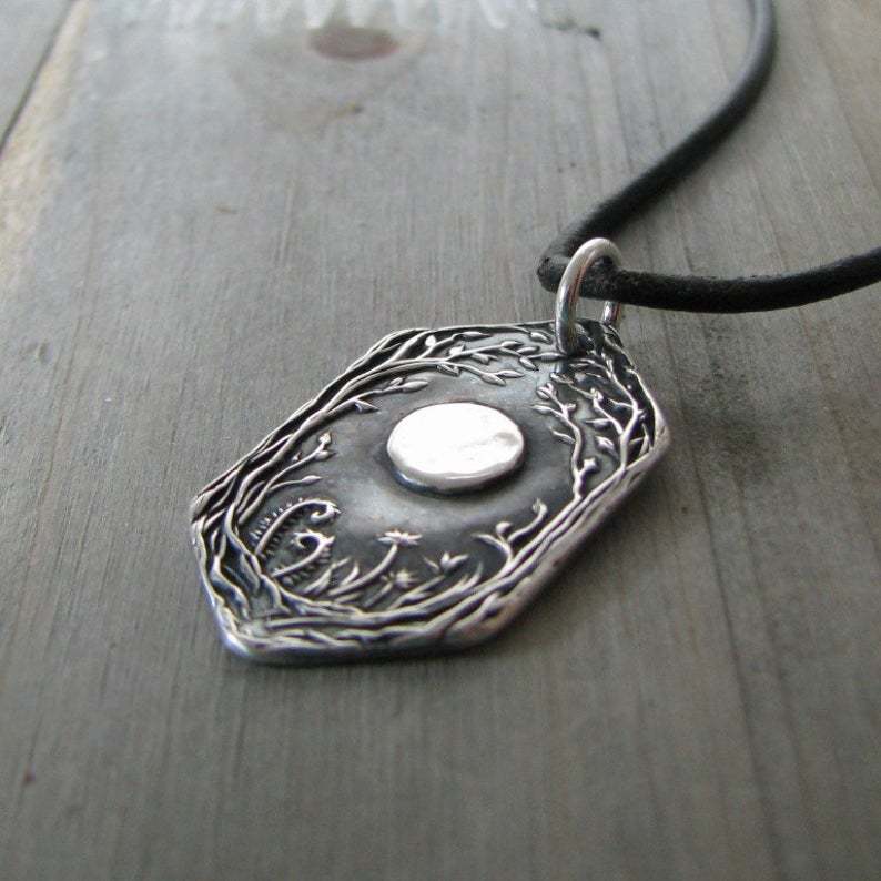 Retro Geometric Hexagon Carved Branch Pendant Necklace