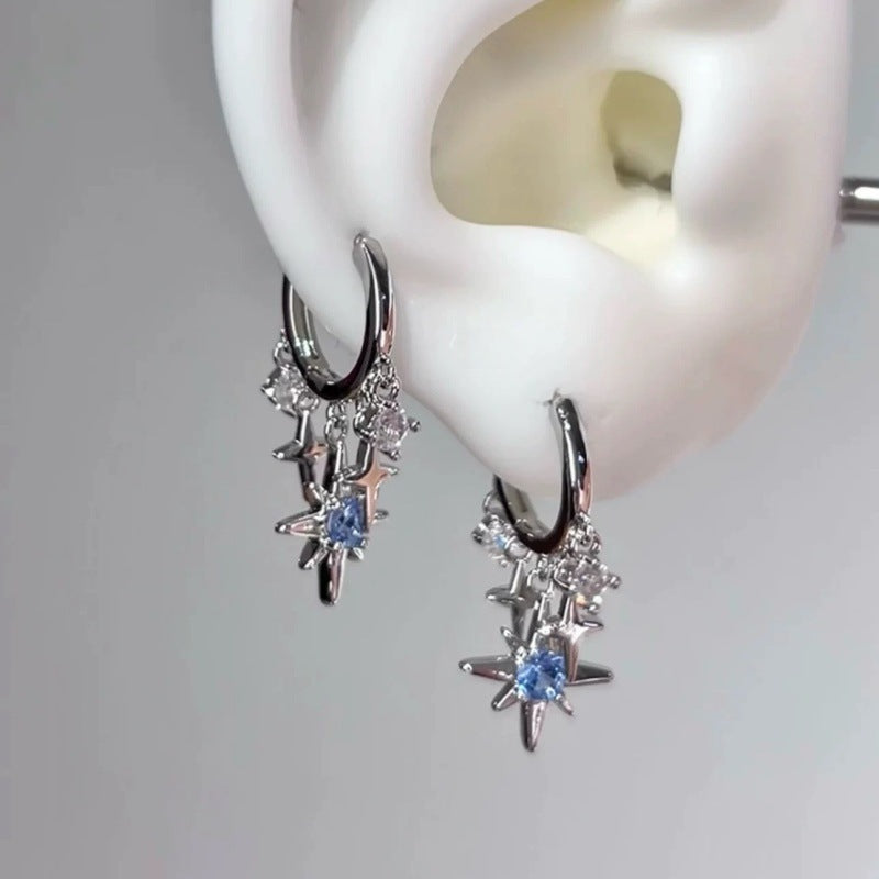 Cool-style Blue Eight-pointed Star Pendant Stud Earrings