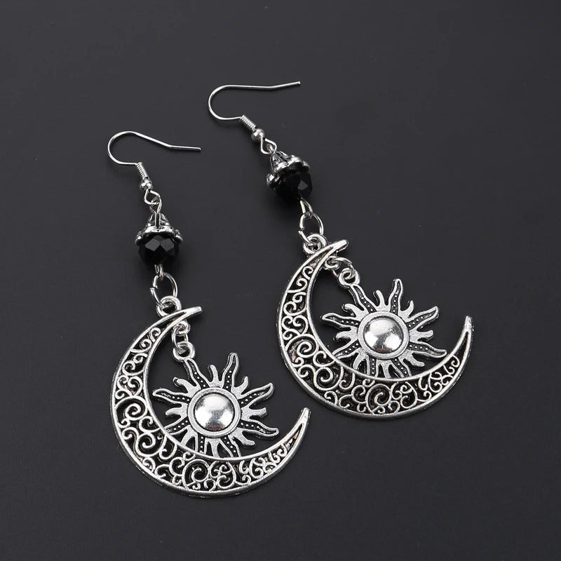 Antique Silver Openwork Moon Pendant Earrings