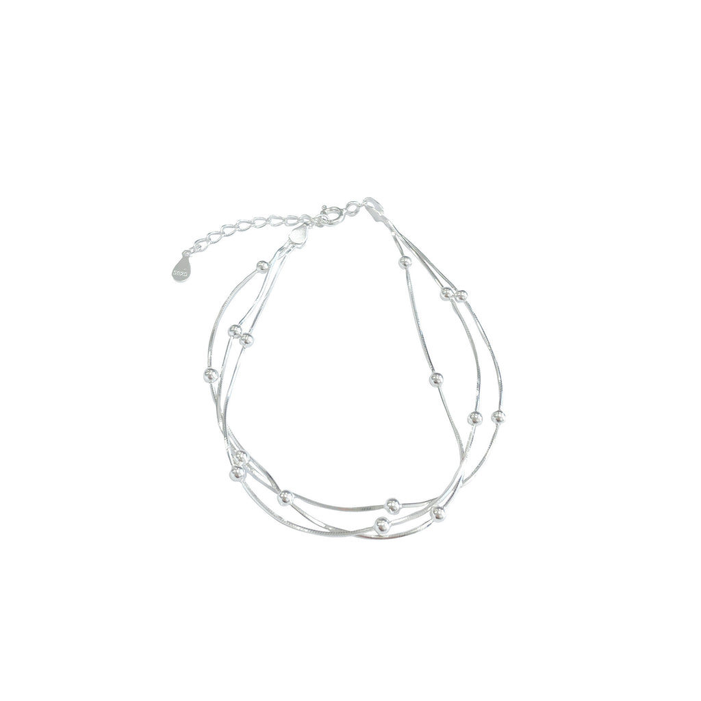 Womens S925 Sterling Silver Three Tier Spacer Bead Snake Chain Bracelet
