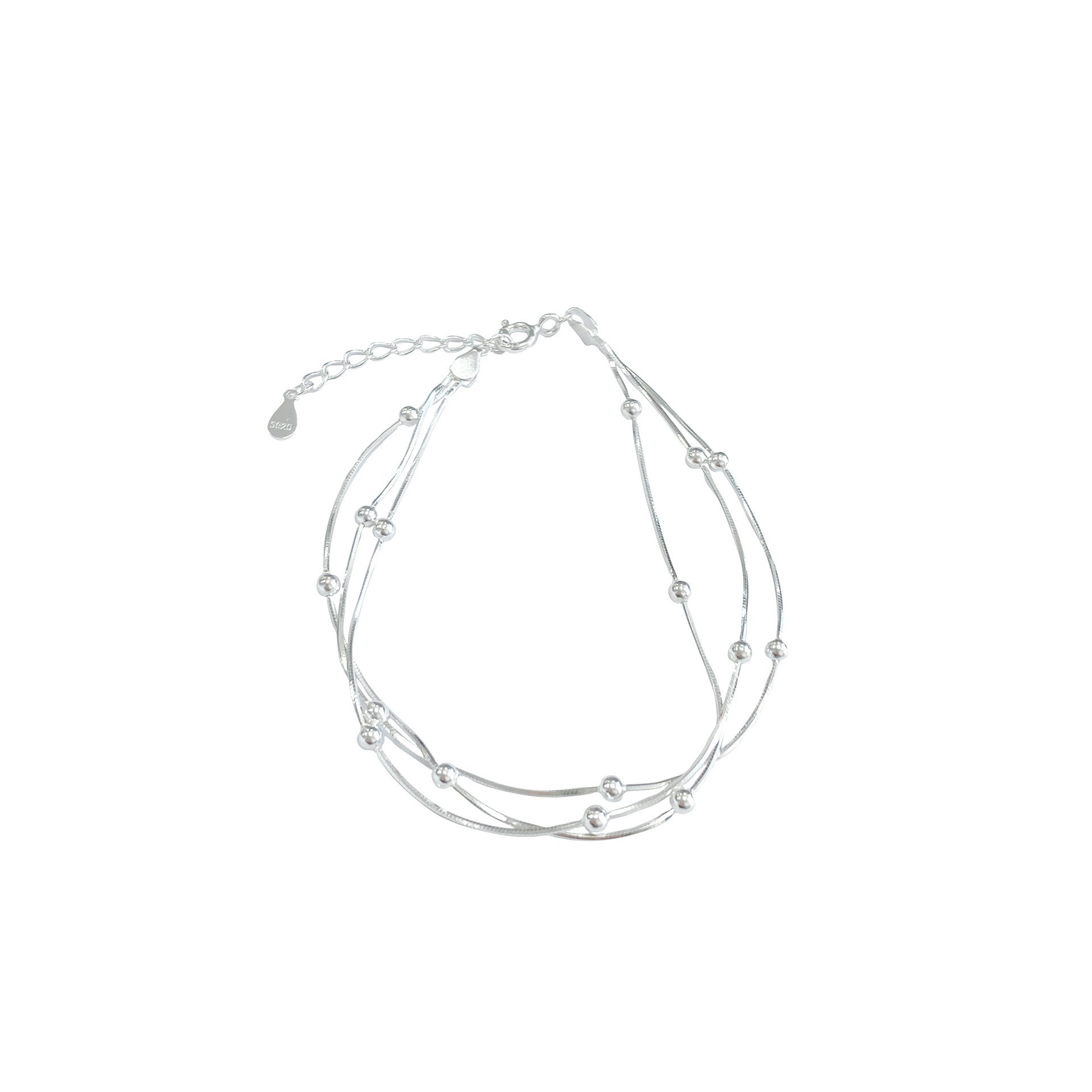 Womens S925 Sterling Silver Three Tier Spacer Bead Snake Chain Bracelet