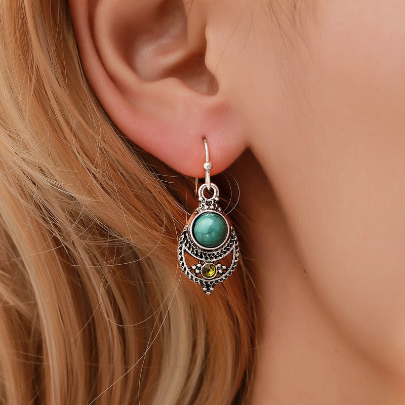 Bohemian Style Ear Jewelry Teal Turquoise Pendant Royal Vintage Openwork Carved Ear Hooks
