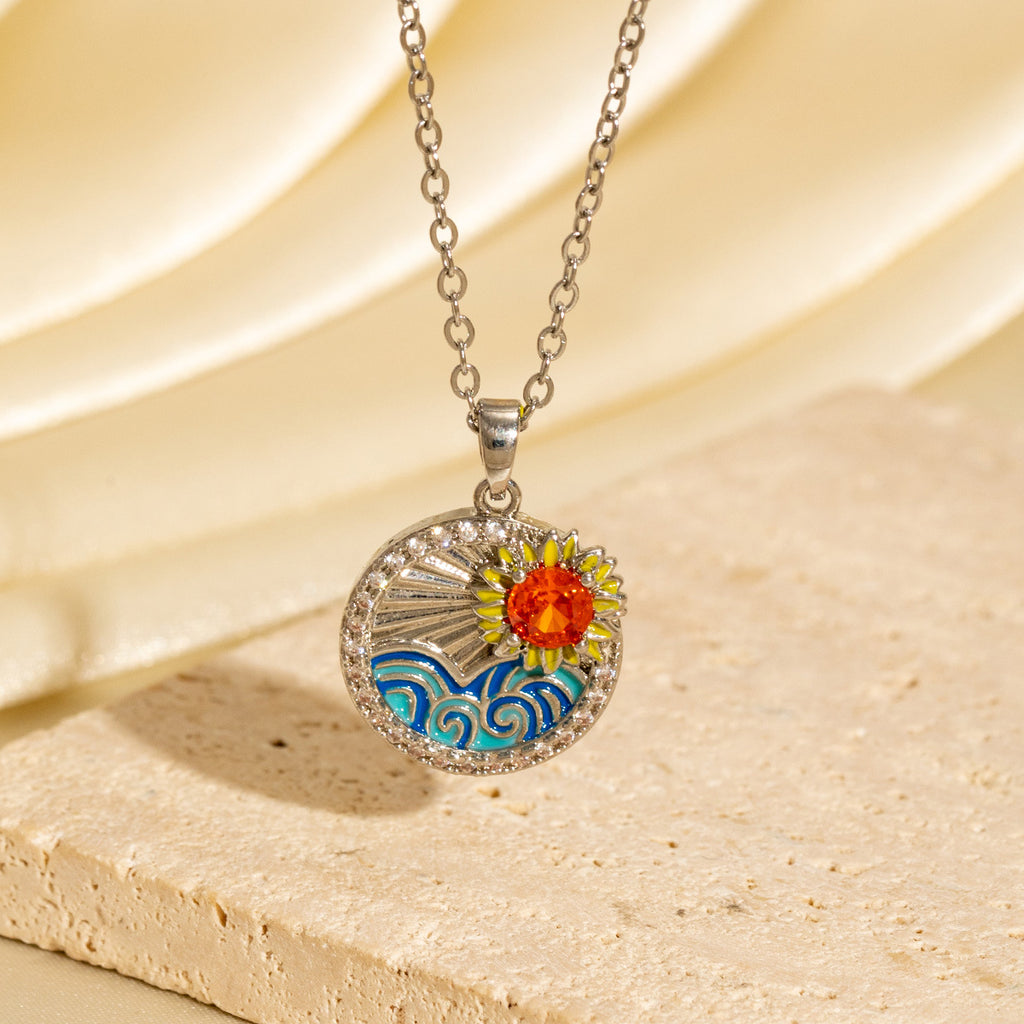 New Zircon-dripping Sunflower Round-plate Necklace