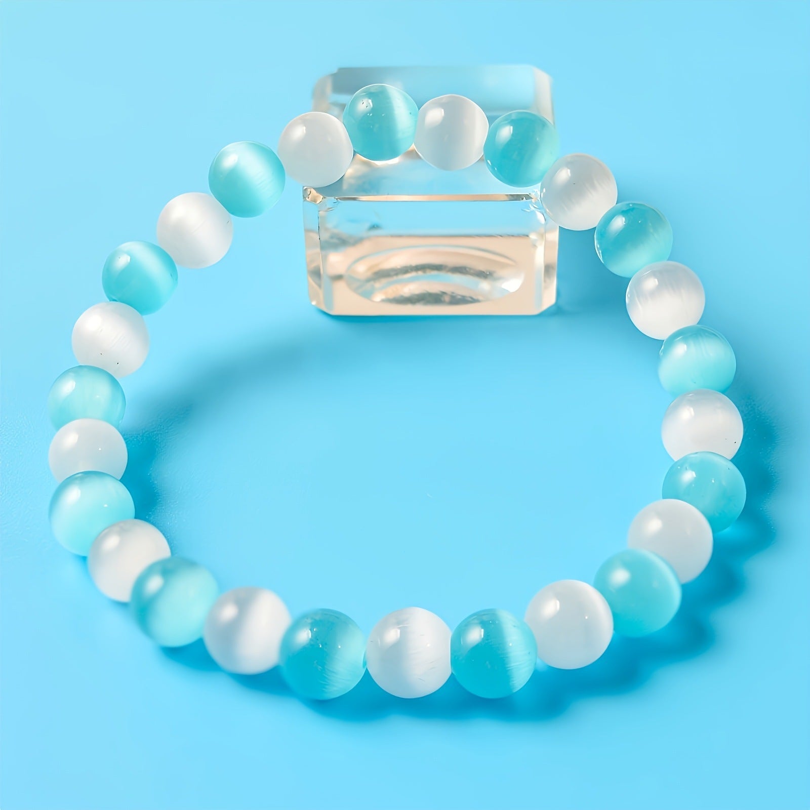White And Blue Cats-eye Bracelet With Crystals