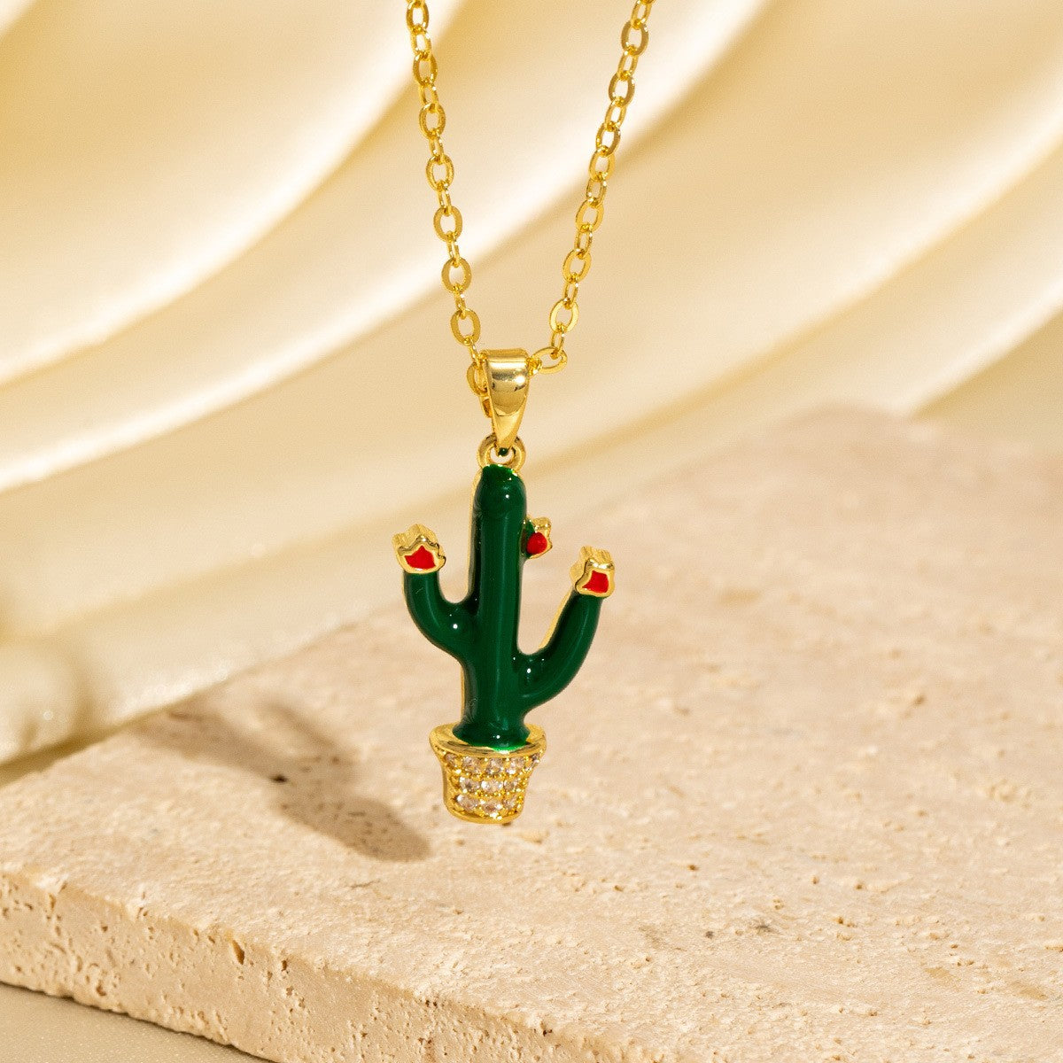 Micro-painted Zircon Droplet Niche Plant Pendant Cactus Necklace