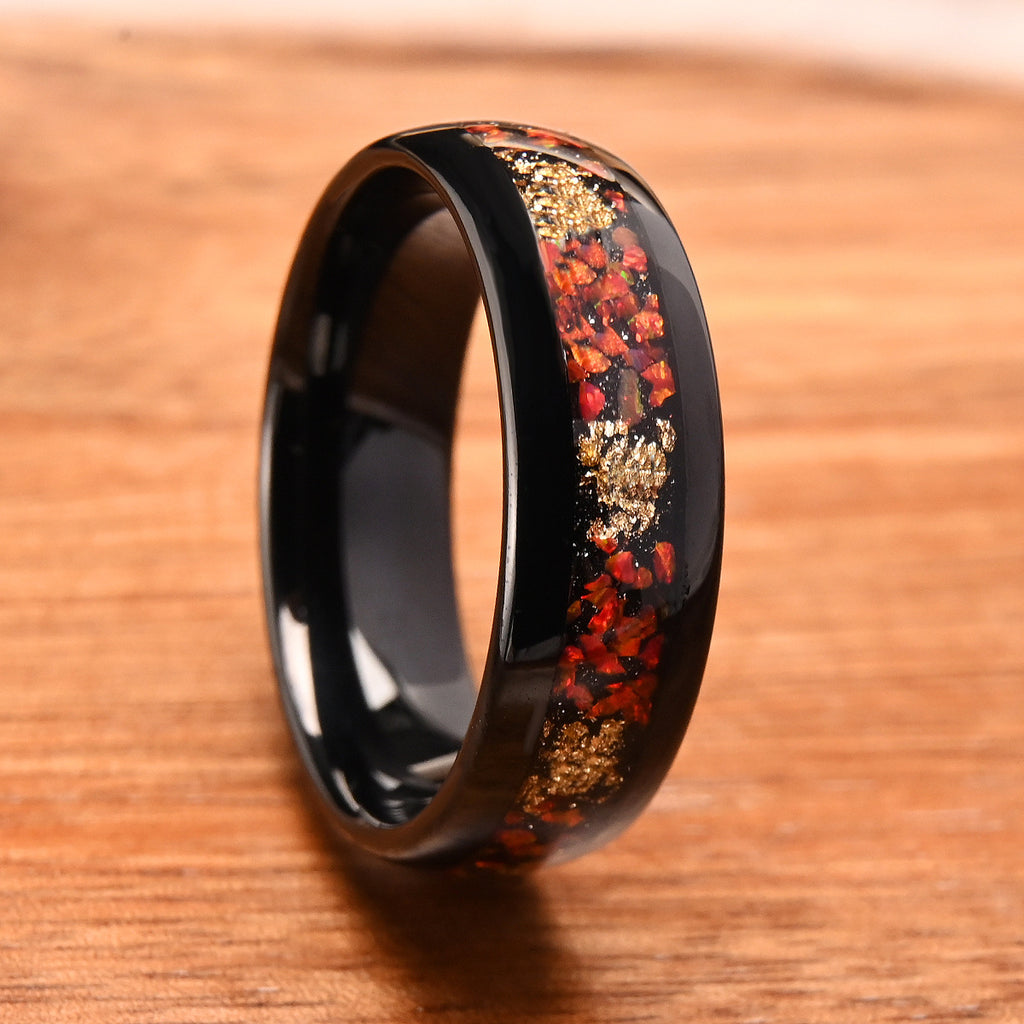 Black-inlaid Red Opal Gold-leaf Ring