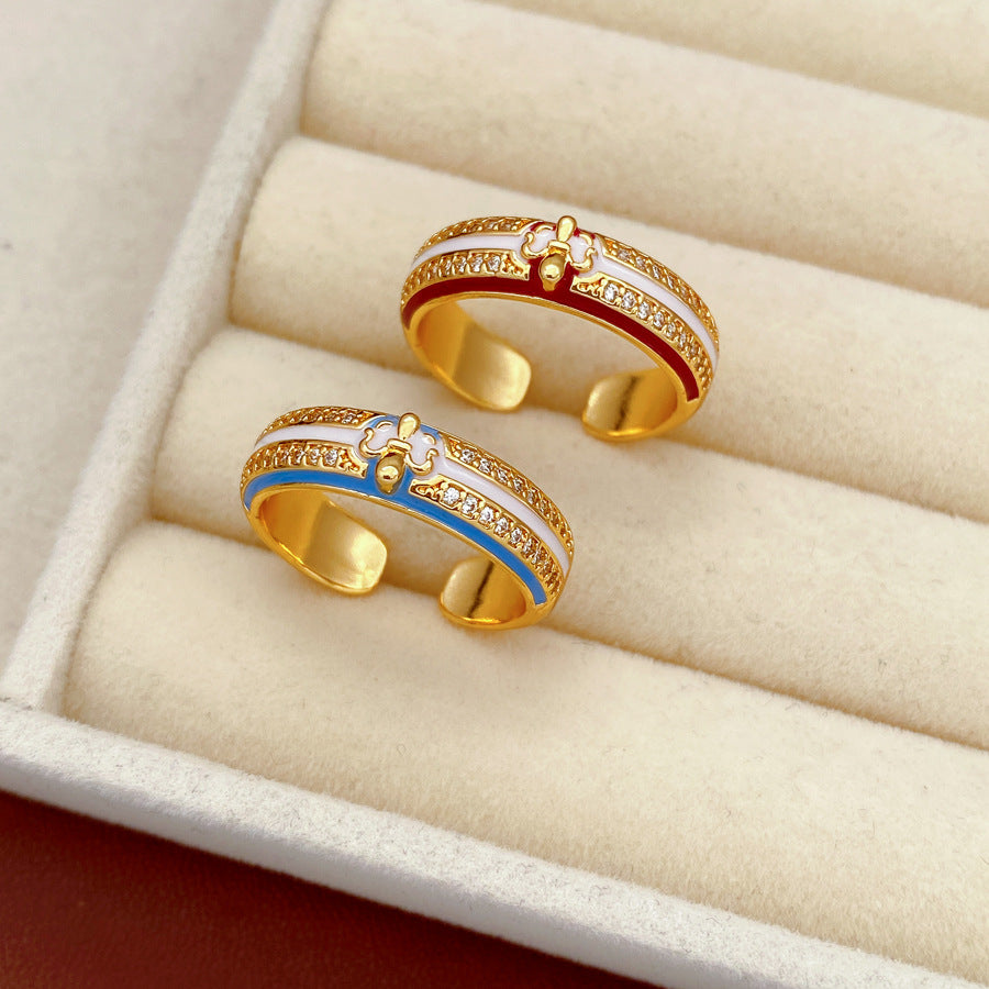 18K Gold Plated Open Ring With Cubic Zirconia Enamel Adjustable Wide Band Statement Ring For Women