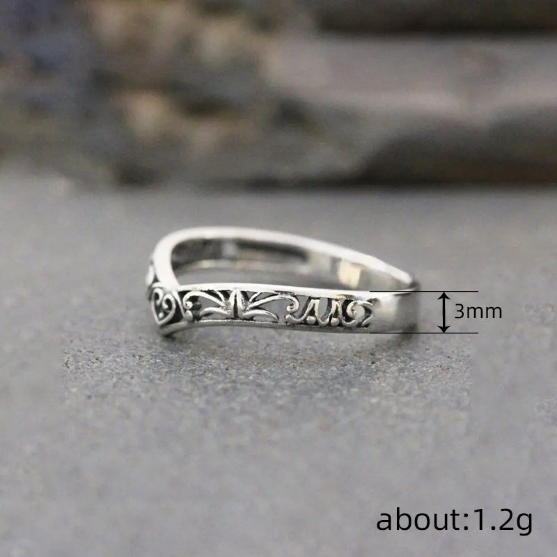 Womens Vintage Hollow Ring In Antique Silver With A Niche Heart Design And Aged Finish