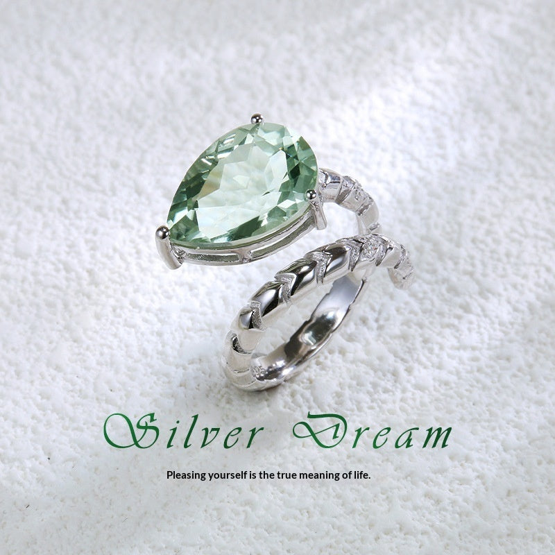 925 Silver New Chinese-Style Double-Layer Fashionable Natural Green Amethyst Ring