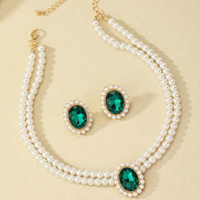Elegant Double-Layer Pearl And Diamond Beaded Necklace Set Versatile French-Style Design With A Luxe Touch
