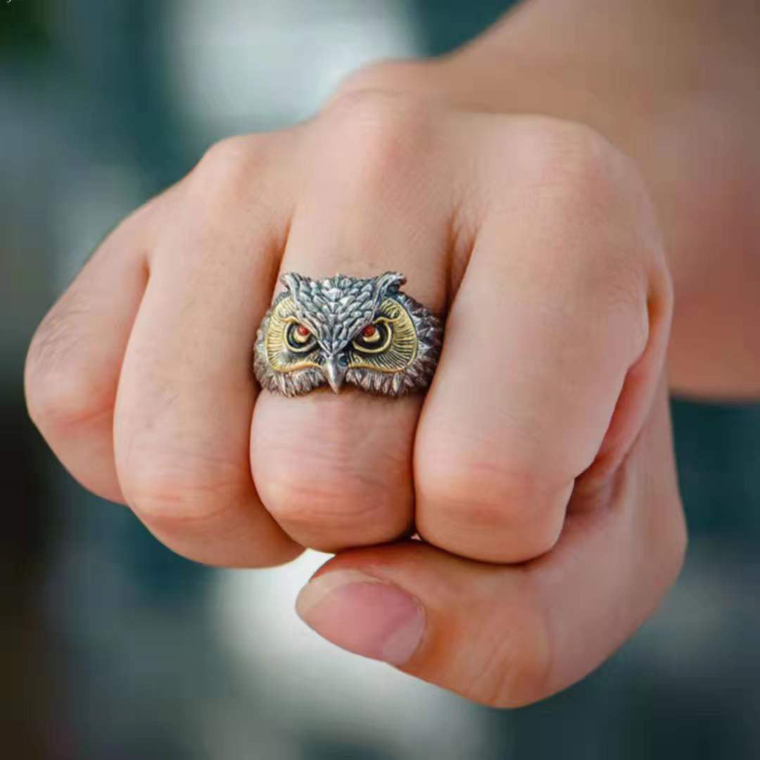 Trendy Retro Carved Hand Jewelry Cat And Owl Ring