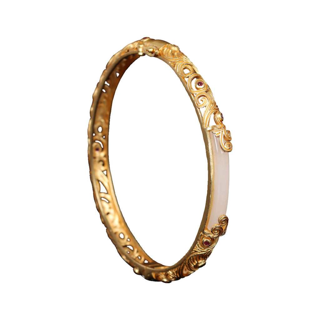 Traditional Handcrafted Gold- And Silver-Thread Filigree Hollowed Hetian Jade Bracelet For Women