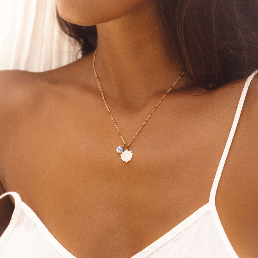 Original New Ceramic Flower Bead Pendant Necklace Stainless Steel Choker Light-luxury Ocean Shell Vacation Collarbone Chain