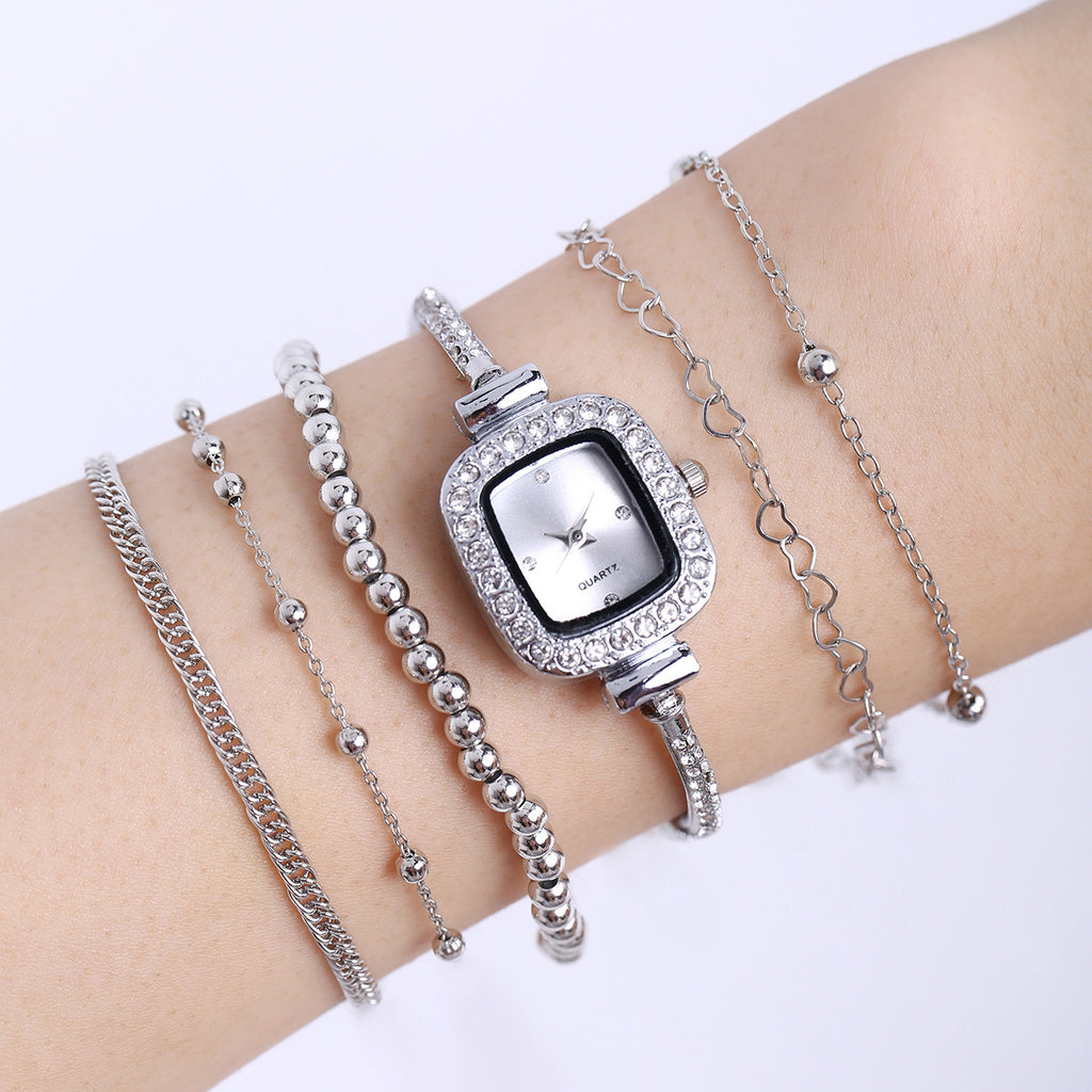 Decorative Alloy All-match Square Rhinestone-encrusted Chain Women's Quartz Bracelet Watch Small Beads Jewelry Suit