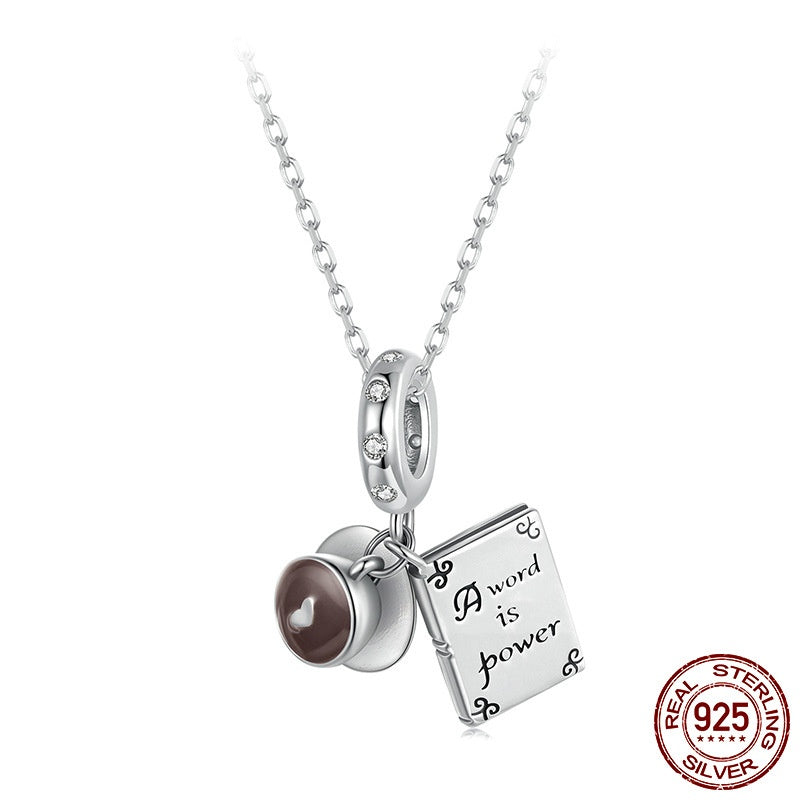 Coffee & Book Pendant S925 Sterling Silver Scattered Beads