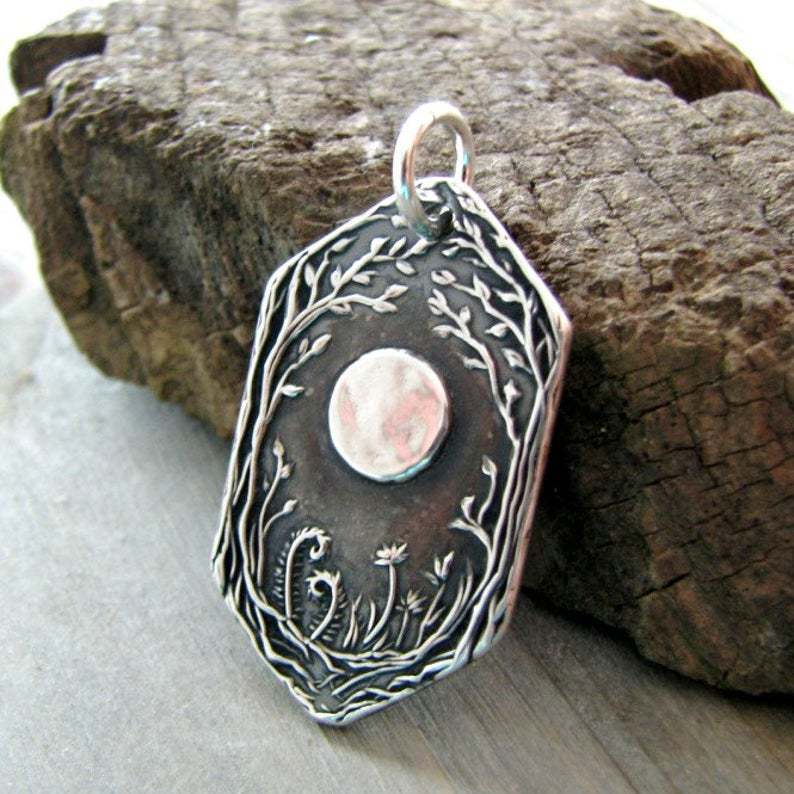 Retro Geometric Hexagon Carved Branch Pendant Necklace