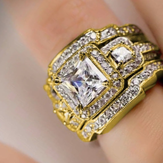 European And American-style Zircon Three-layer Ultra-shiny Square Mosaic Ring For Women