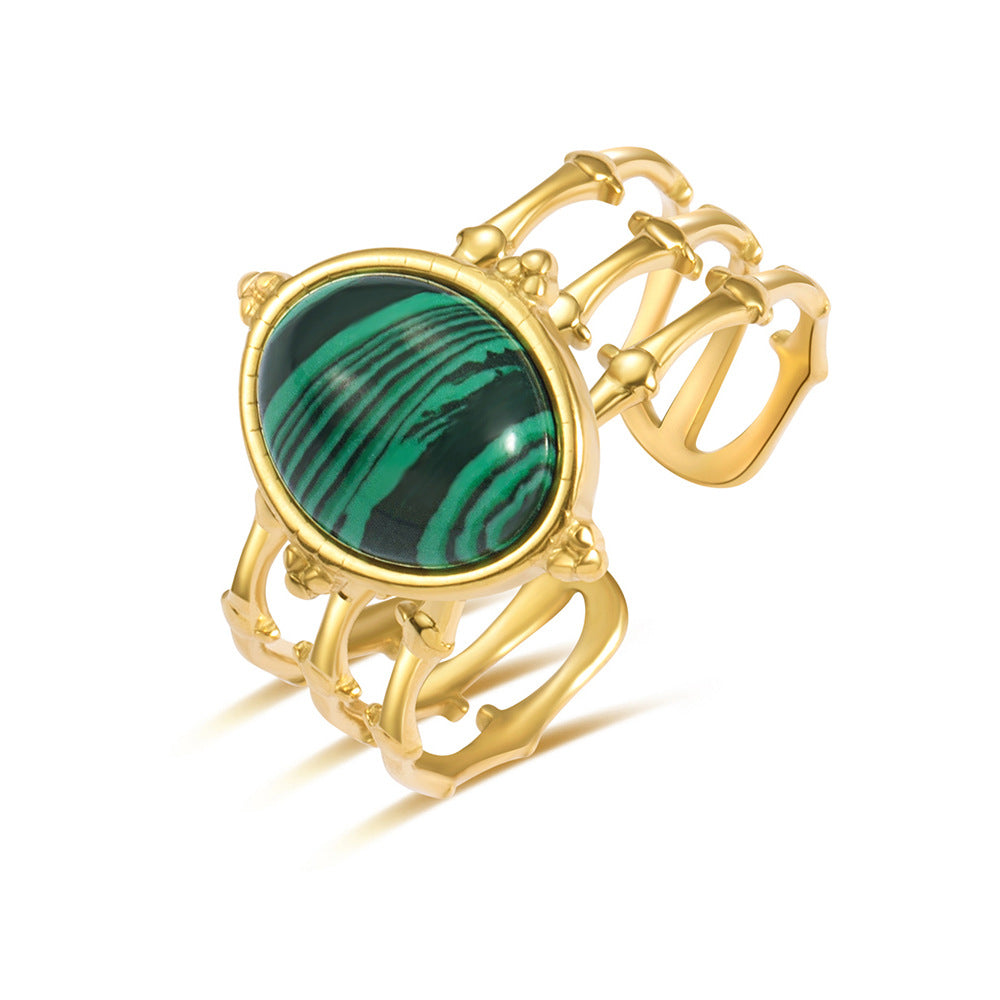 Womens French Retro-Style Natural Malachite Titanium Steel Ring