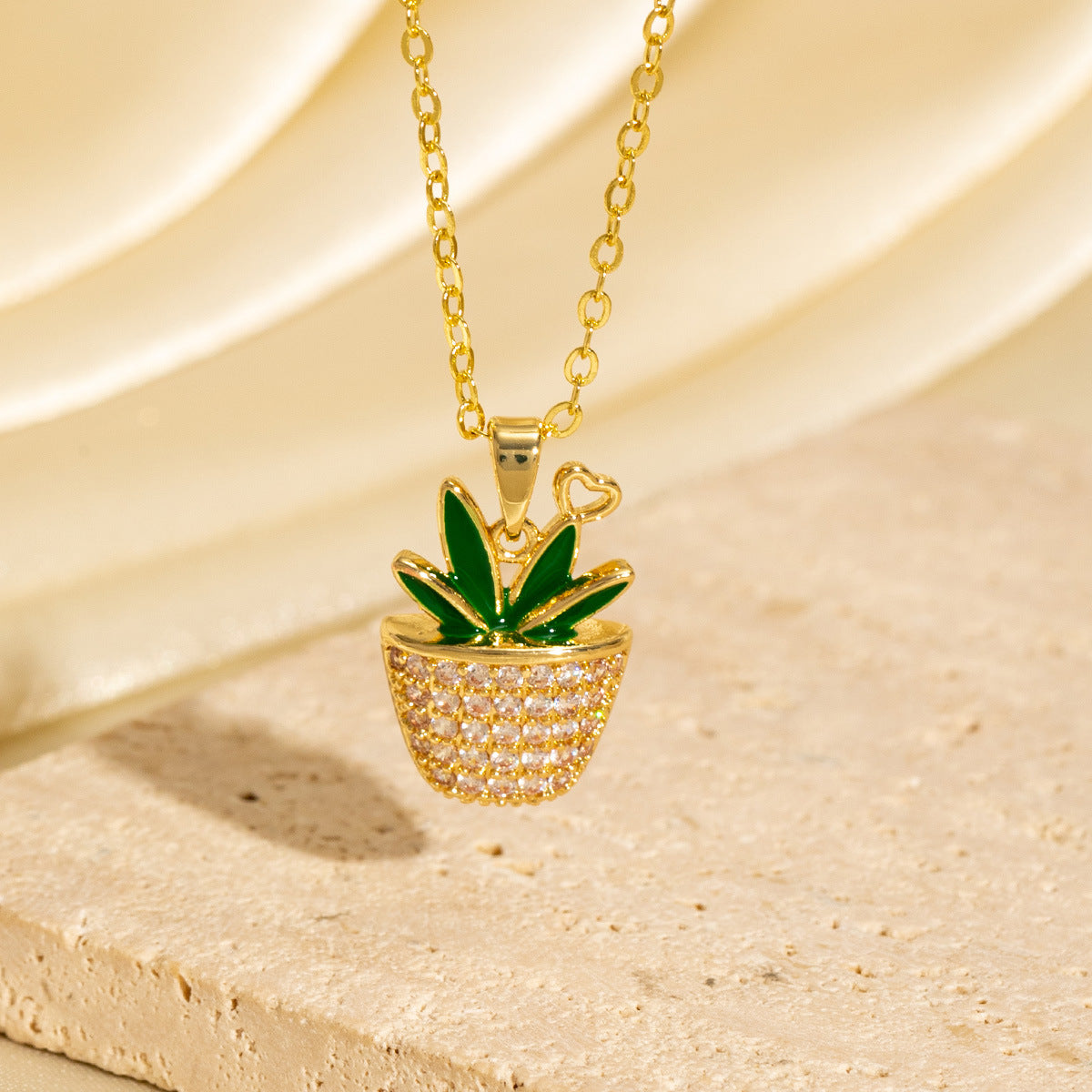 Micro-painted Zircon Droplet Niche Plant Pendant Cactus Necklace