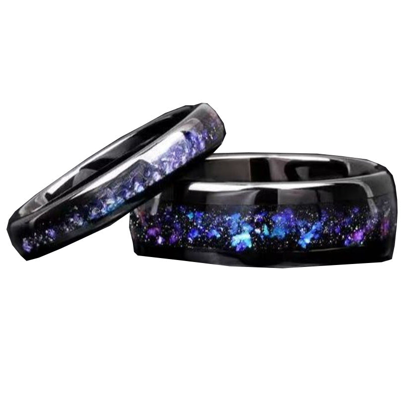 Tungsten Steel Ring With A Floral Blue Frosty Starry Sky Design And Tiny Diamonds For Couples