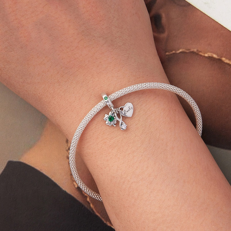 S925 Loving Heart In Sterling Silver Four-leaf Clover Pendant Diy Lucky Beads