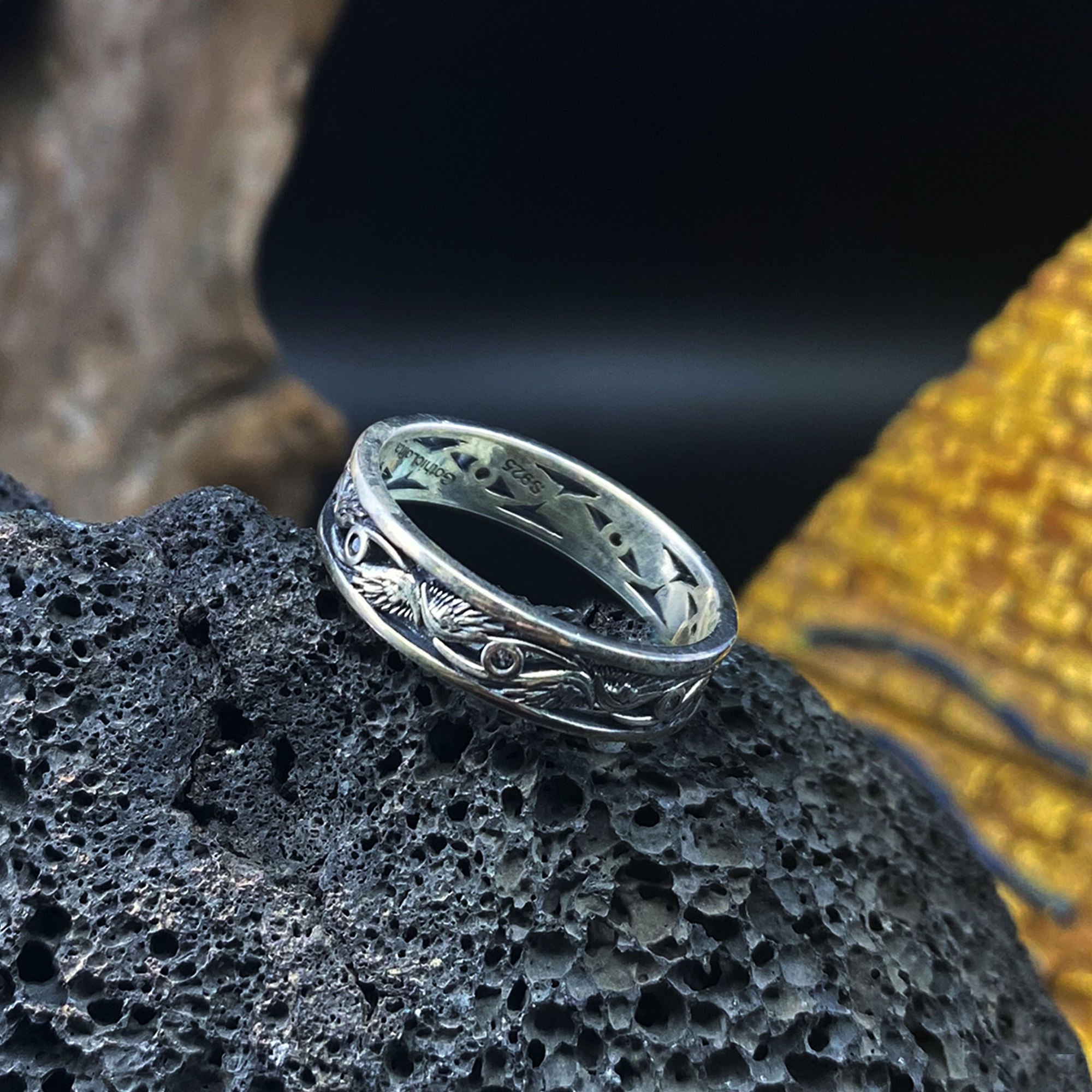 Sterling Silver Horus Eye Feather Ring
