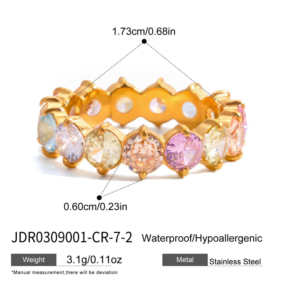 Stylish Lightweight Stainless Steel Ring With A Colorful Round Zircon Design