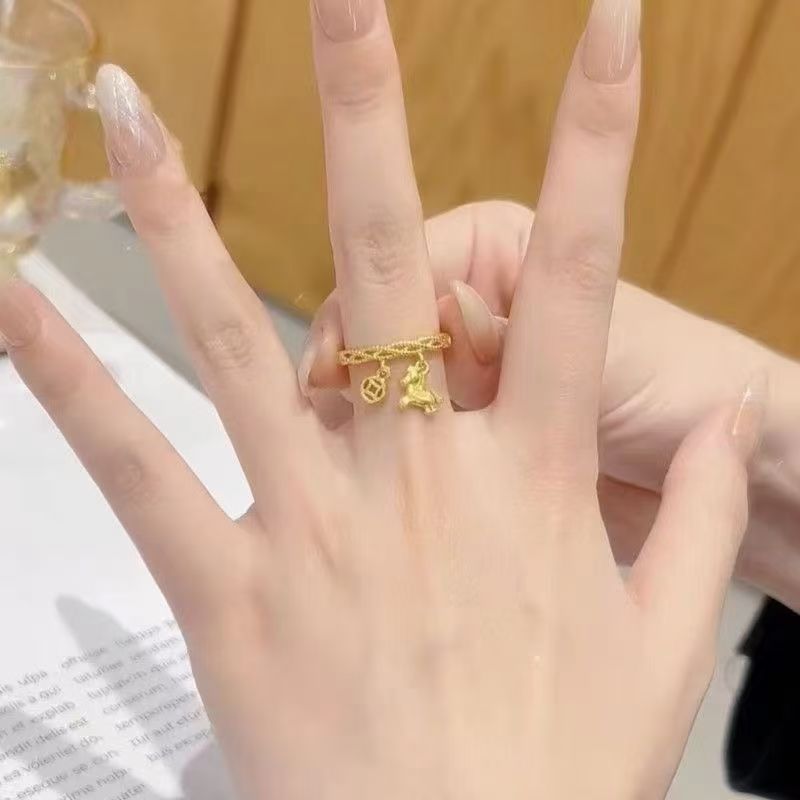 Women's Lucky Gold Horse Coin Ring, Open Adjustable Index Finger Band, Horse Year Zodiac Birth Year Fortune Ring