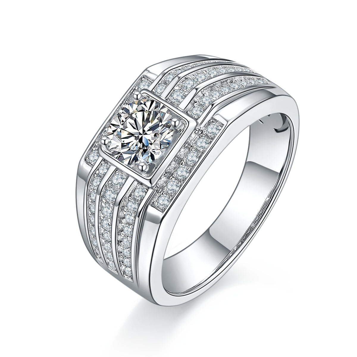 Men's 1-carat Luxury And Fashionable Light Luxury Jewelry Silver Ring Set With Top-quality Moissanite, S925 Silver-plated Platinum