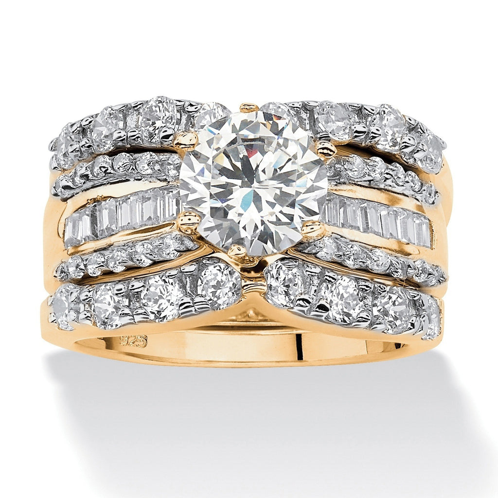 18k Gold-plated Three-piece Simulated Diamond Engagement Ring Set With Zircon Inlays