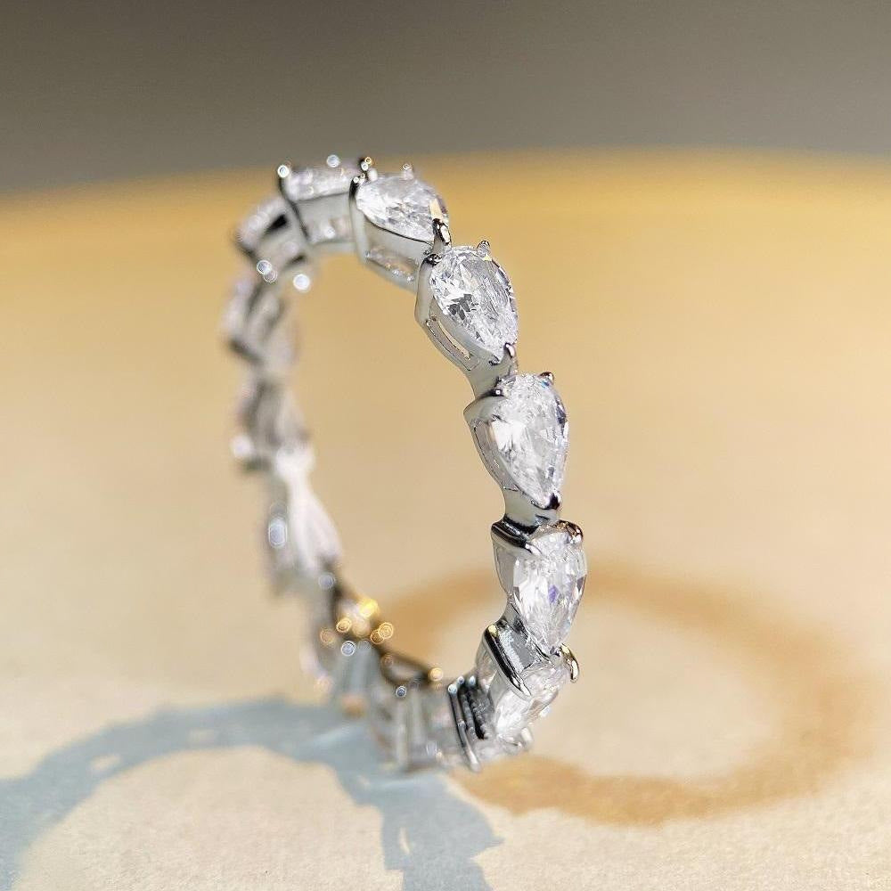 Women's S925 Sterling Silver Single Row Waterdrop Ring Fully Paved With Diamonds