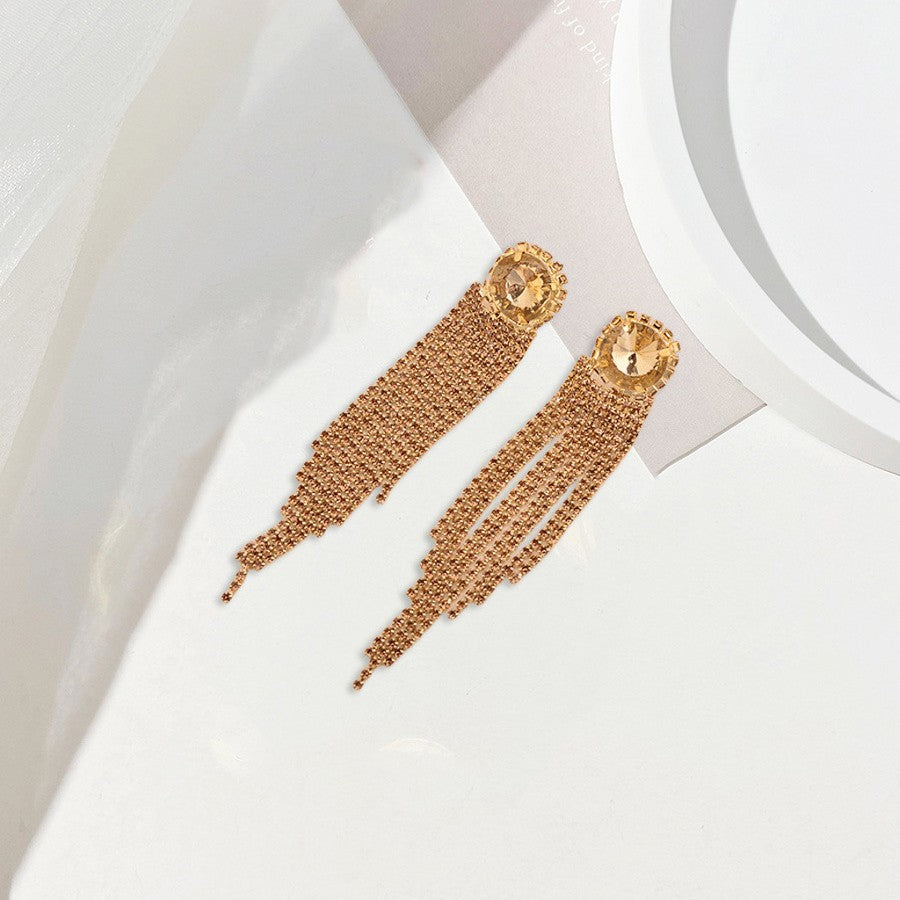 Korean-style Full-diamond Long Tassel Earrings With Round Diamonds