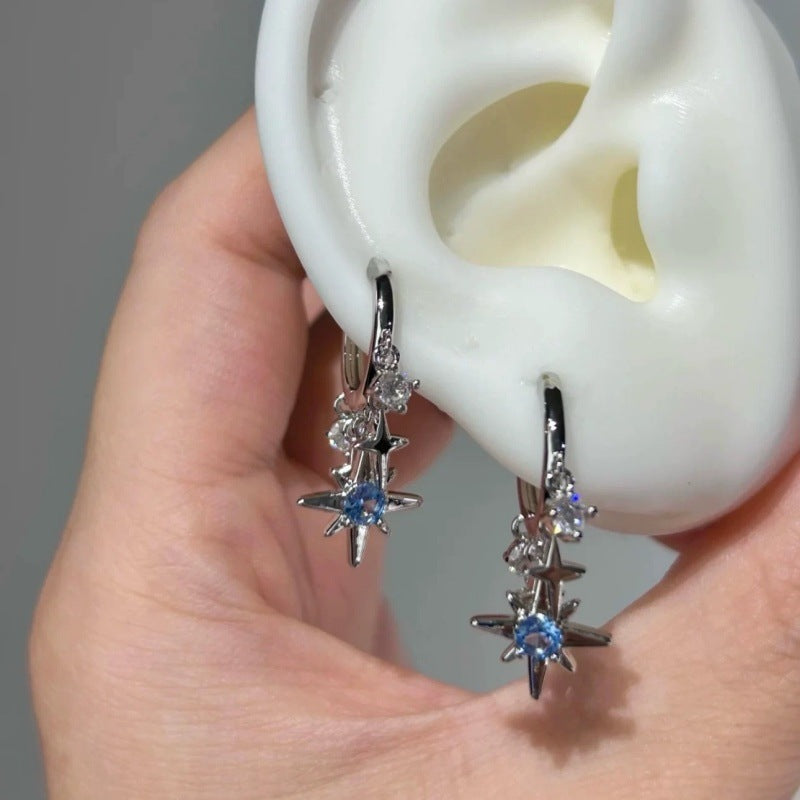 Cool-style Blue Eight-pointed Star Pendant Stud Earrings