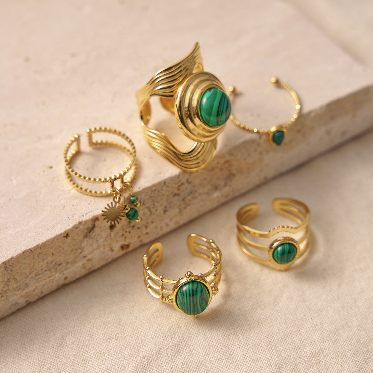 Womens French Retro-Style Natural Malachite Titanium Steel Ring