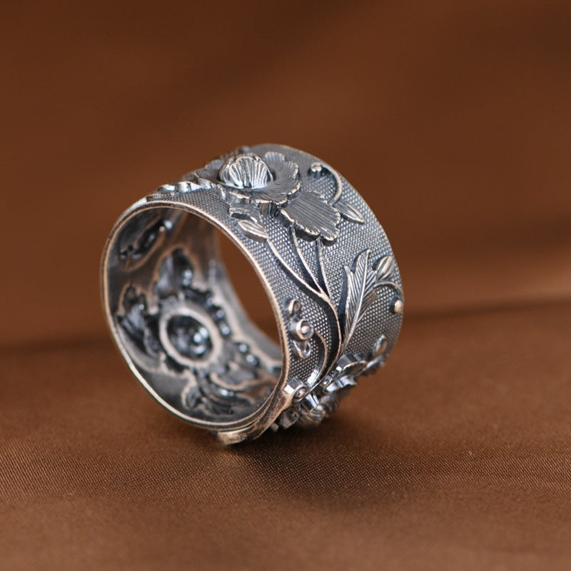 Womens Peony Flower With Open Design Embossed Retro Four-Leaf Clover Silver Band Ring