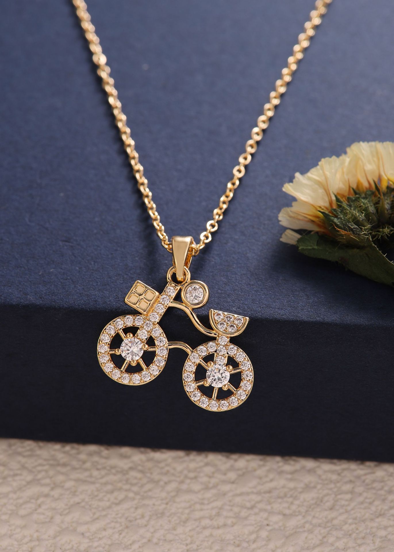 Bicycle-shaped Copper Pendant Necklace With Zircon Embellishments