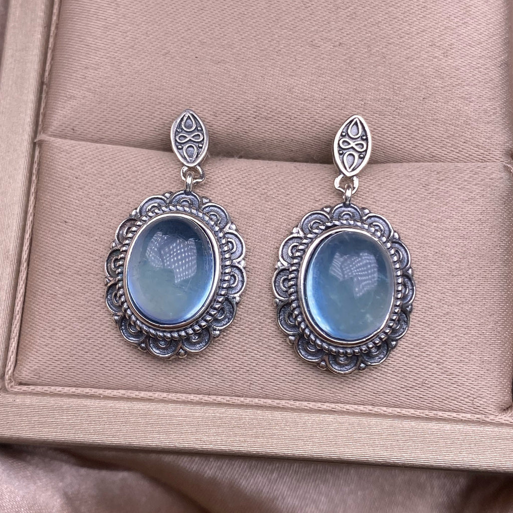 S925 Silver Inlaid Vintage Silver Jewelry Delicate Aquamarine Earrings