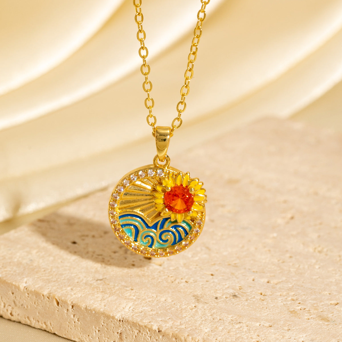 New Zircon-dripping Sunflower Round-plate Necklace
