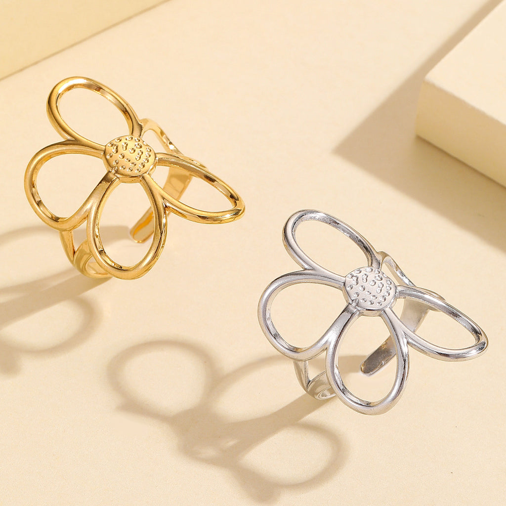 Stylish Versatile Hollow Flower Open Stainless Steel Ring