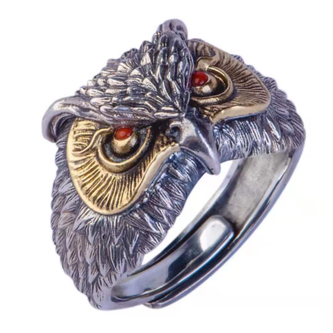 Trendy Retro Carved Hand Jewelry Cat And Owl Ring