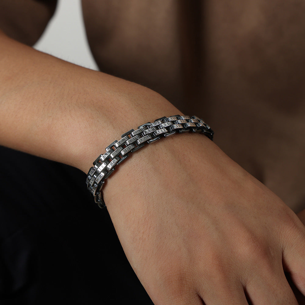 Mens Titanium Steel Flat Triple-Row Watch Strap Bracelet