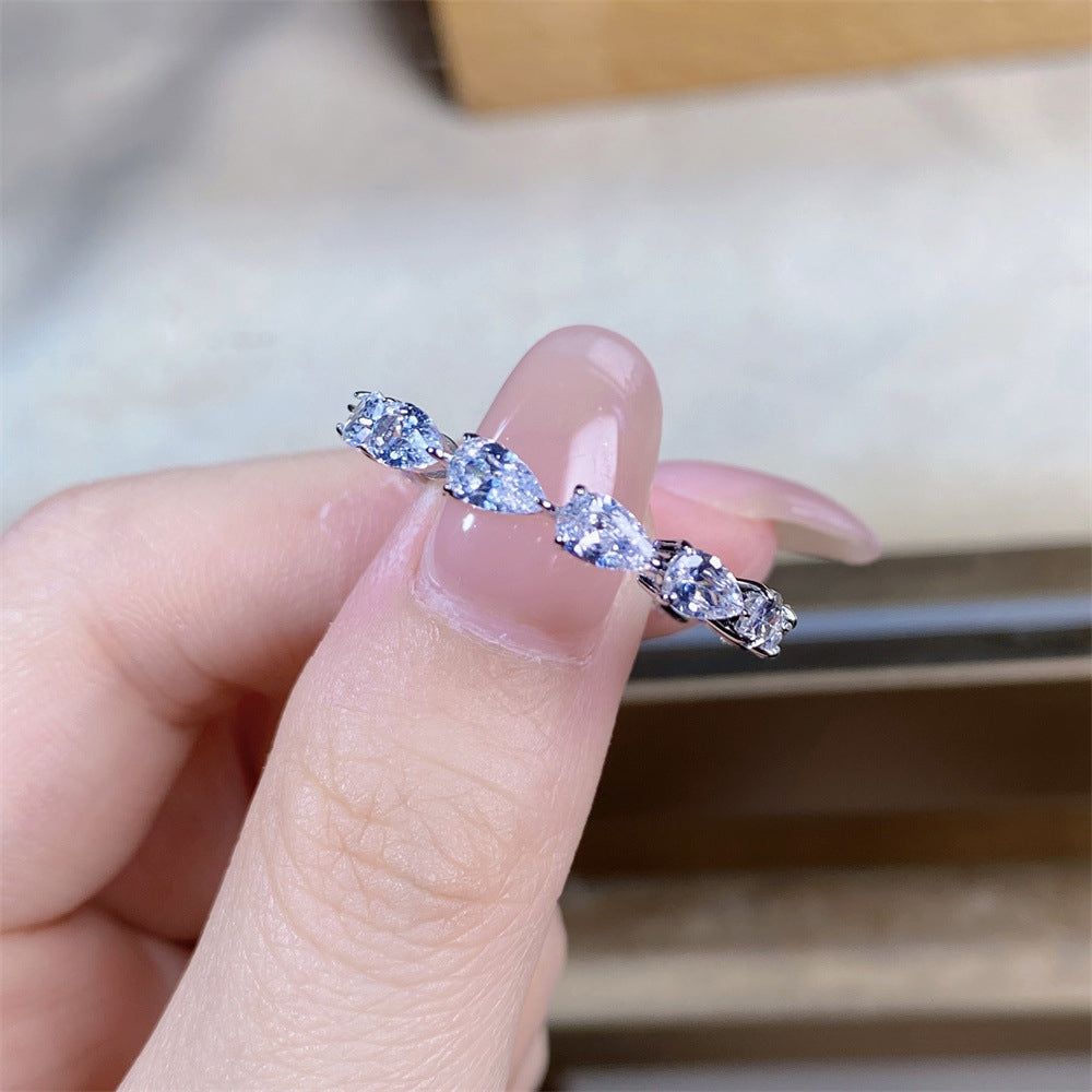 Women's S925 Sterling Silver Single Row Waterdrop Ring Fully Paved With Diamonds