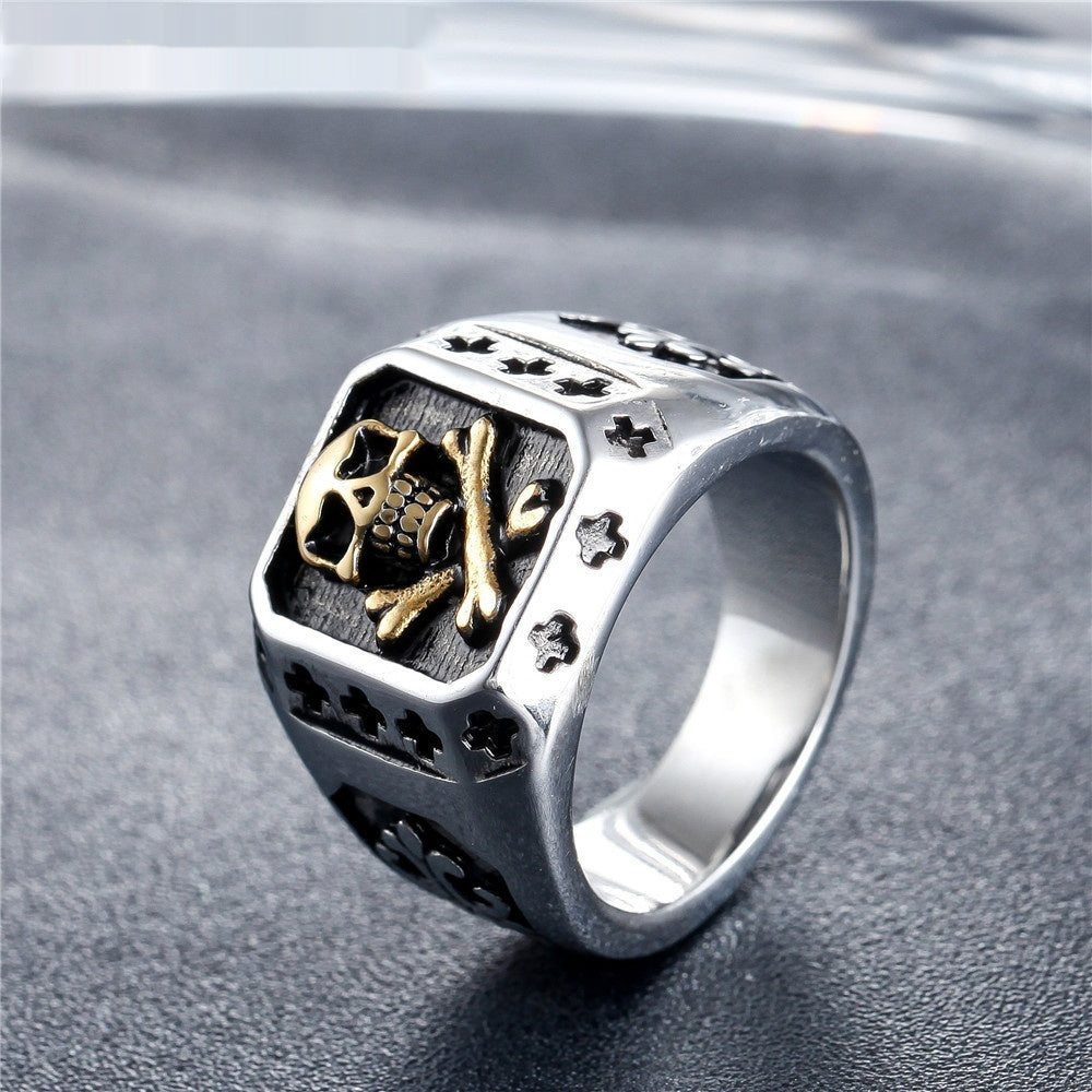 Personalized Punk Skull And Cross Titanium Steel Ring